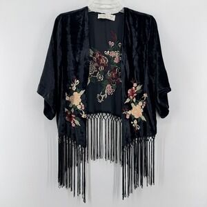 Abercrombie Fitch Black Velvet Floral Embroidered Fringe Kimono One Size Boho